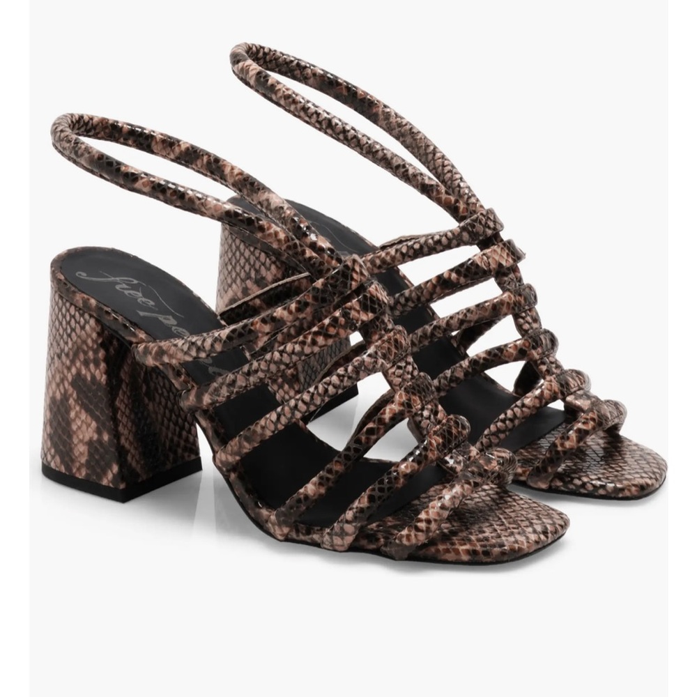 Free People Brown Snake-Print Strappy Block Heel Sandals